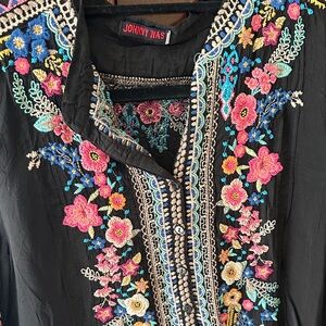 Johnny Was Black Blouse with Colorful Embroidery